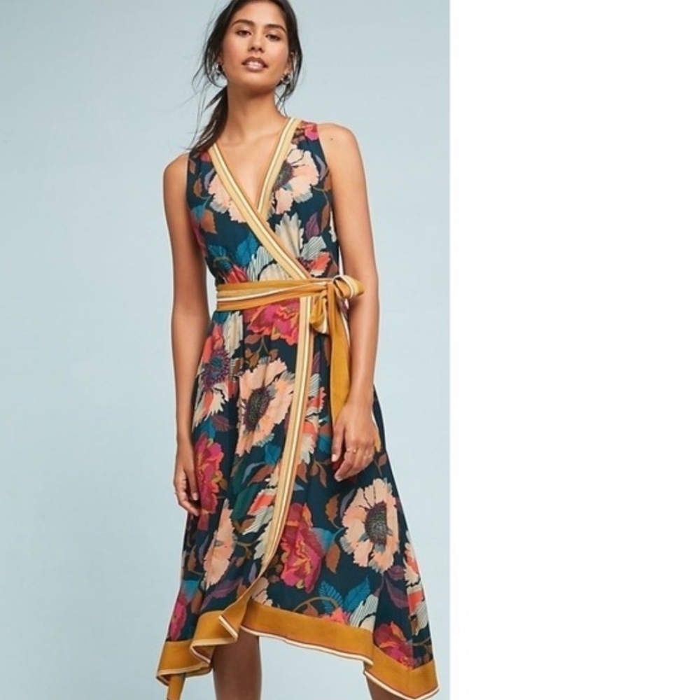 Maeve Anthropologie Botanical Floral Faux Wrap Handkerchief Midi Dress Size 4